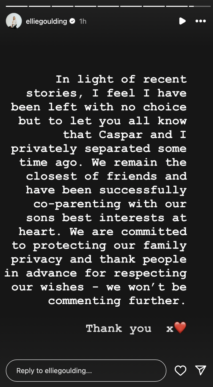 Ellie Goulding, Caspar Jopling statement